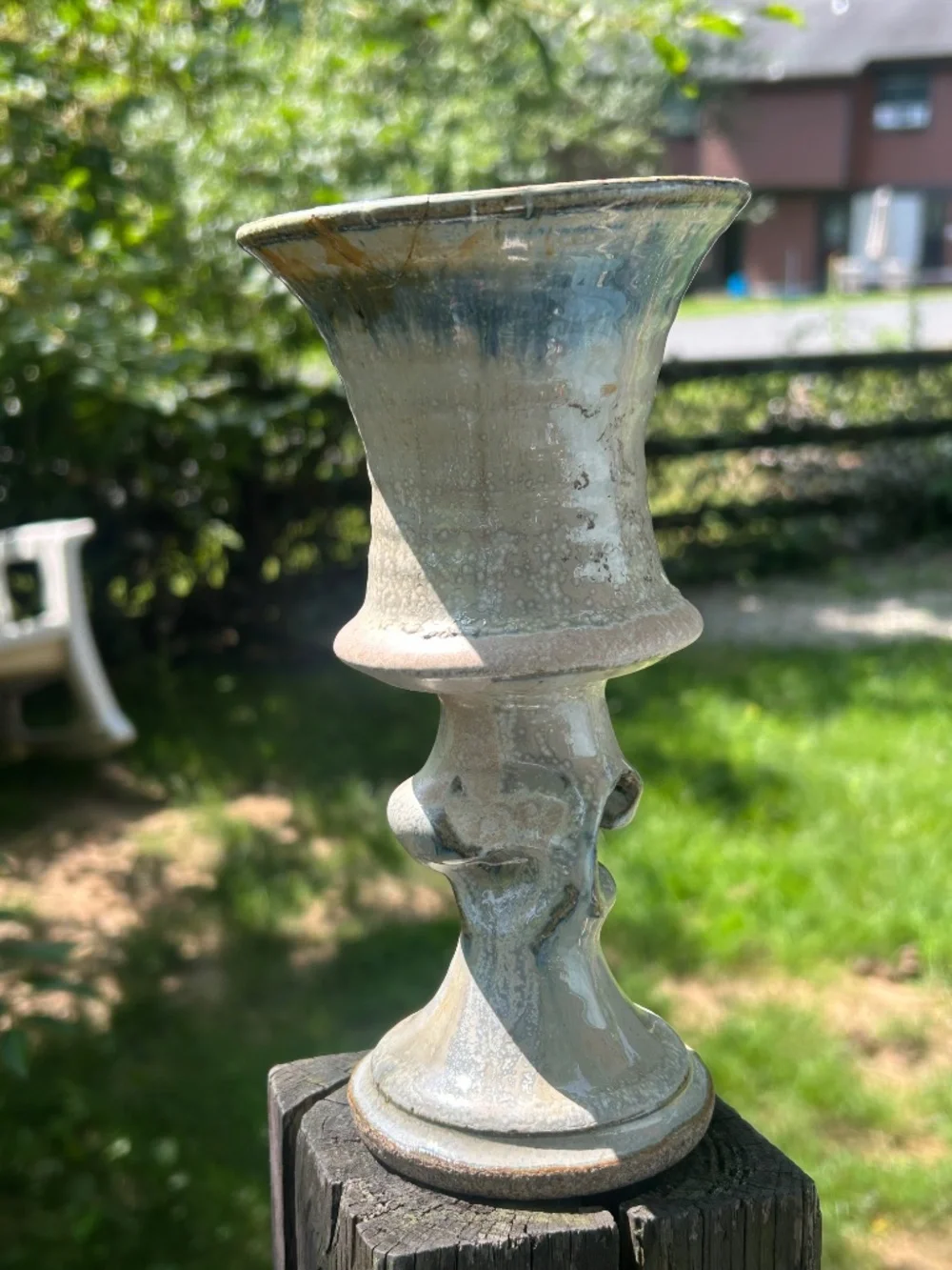 Large Vintage Studio Art Pottery Twisted Pedestal Vase Crystalline Ash Glaze Han